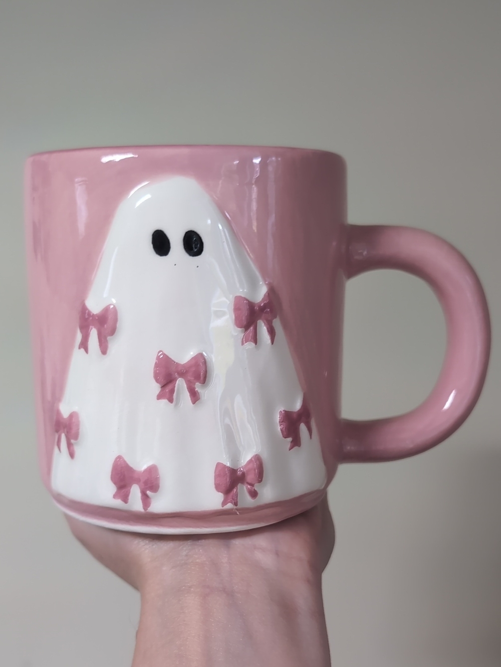Chic Pinkoween Bow Ghost Mug by MRKT 🎀👻 Hand Painted